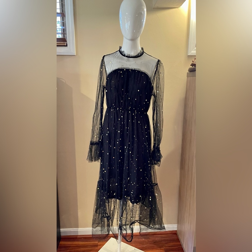 SHEIN Black Gold Stars Dress with Sheer Layer Sz Med